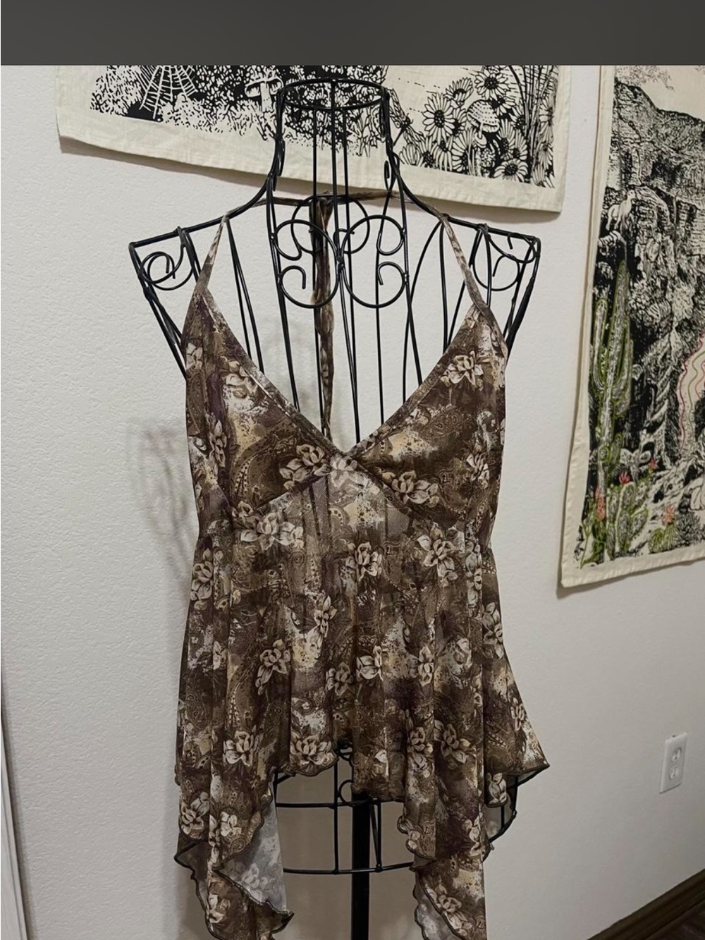 Urban Outfitters Brown Floral Handkerchief-Hem Cami